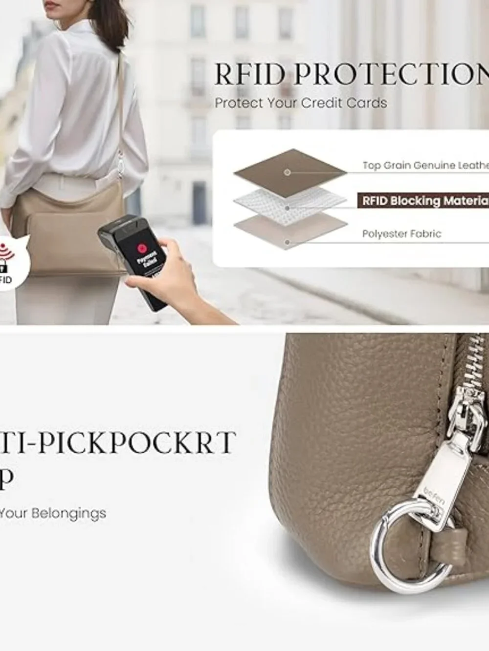 Genuine Leather Hobo Bag Purses for Women, Anti Theft Built in RFID Wallet Cross